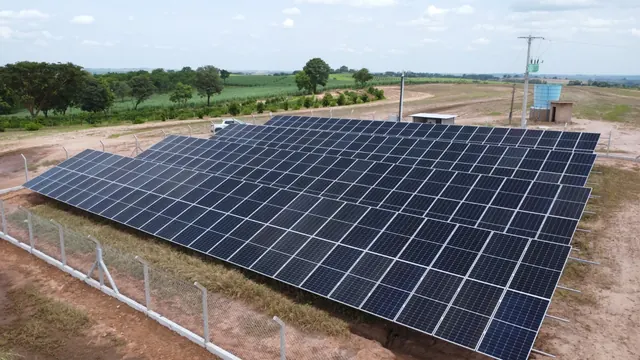 Linus photovoltaic plant with a concrete-post fence and sugarcane fields behind it.